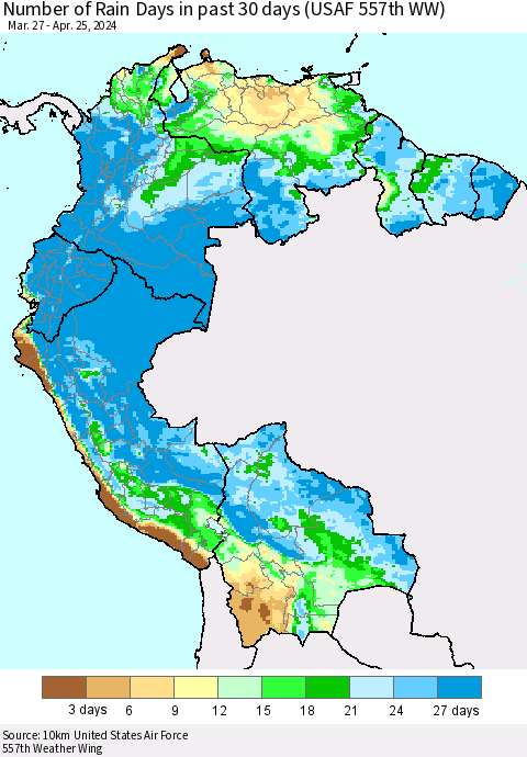 Northern South America Number of Rain Days in past 30 days (USAF 557th WW) 04/25/2024 Thematic Map For 4/21/2024 - 4/25/2024