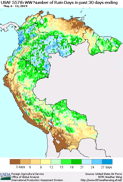 Northern South America Number of Rain Days in past 30 days (USAF 557th WW) 05/12/2019 Thematic Map For 5/6/2019 - 5/12/2019