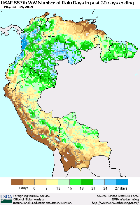 Northern South America Number of Rain Days in past 30 days (USAF 557th WW) 05/19/2019 Thematic Map For 5/13/2019 - 5/19/2019