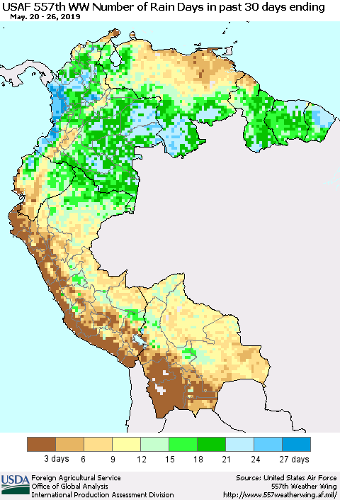 Northern South America Number of Rain Days in past 30 days (USAF 557th WW) 05/26/2019 Thematic Map For 5/20/2019 - 5/26/2019