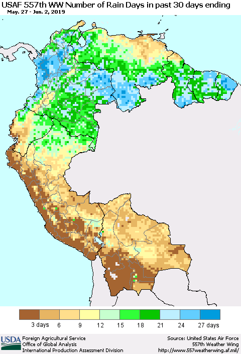 Northern South America Number of Rain Days in past 30 days (USAF 557th WW) 06/02/2019 Thematic Map For 5/27/2019 - 6/2/2019