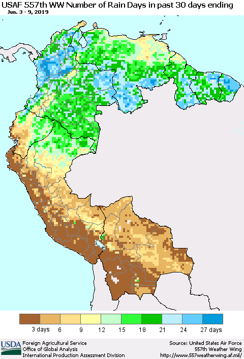 Northern South America Number of Rain Days in past 30 days (USAF 557th WW) 06/09/2019 Thematic Map For 6/3/2019 - 6/9/2019