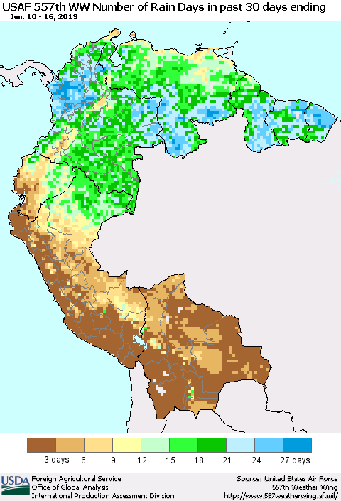Northern South America Number of Rain Days in past 30 days (USAF 557th WW) 06/16/2019 Thematic Map For 6/10/2019 - 6/16/2019