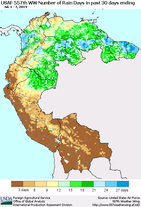 Northern South America Number of Rain Days in past 30 days (USAF 557th WW) 07/07/2019 Thematic Map For 7/1/2019 - 7/7/2019