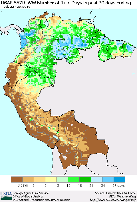 Northern South America Number of Rain Days in past 30 days (USAF 557th WW) 07/28/2019 Thematic Map For 7/22/2019 - 7/28/2019