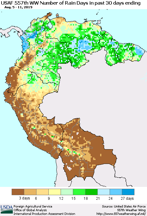 Northern South America Number of Rain Days in past 30 days (USAF 557th WW) 08/11/2019 Thematic Map For 8/5/2019 - 8/11/2019