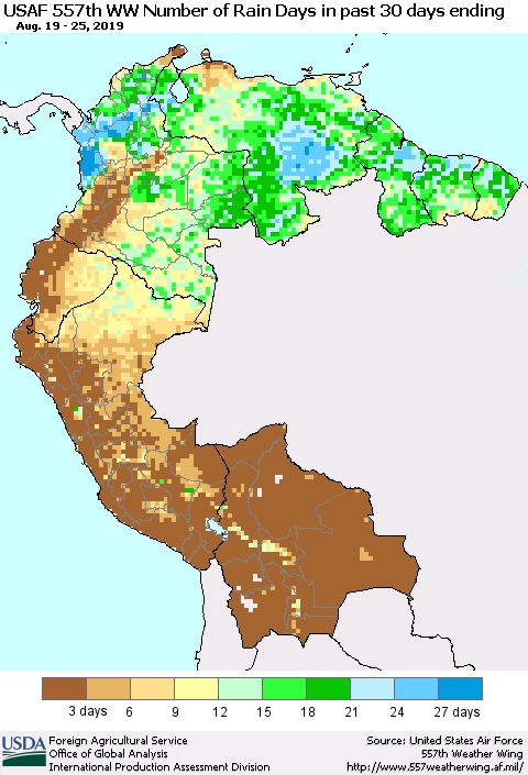 Northern South America Number of Rain Days in past 30 days (USAF 557th WW) 08/25/2019 Thematic Map For 8/19/2019 - 8/25/2019