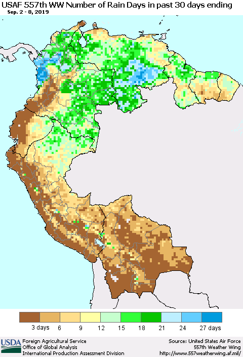 Northern South America Number of Rain Days in past 30 days (USAF 557th WW) 09/08/2019 Thematic Map For 9/2/2019 - 9/8/2019