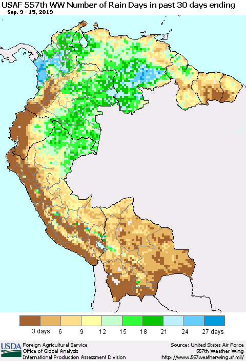 Northern South America Number of Rain Days in past 30 days (USAF 557th WW) 09/15/2019 Thematic Map For 9/9/2019 - 9/15/2019