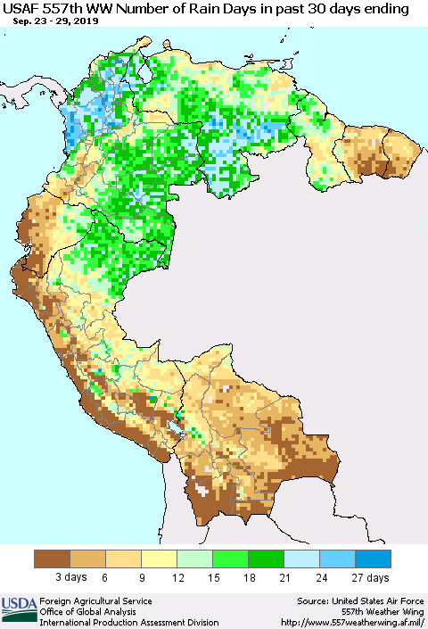 Northern South America Number of Rain Days in past 30 days (USAF 557th WW) 09/29/2019 Thematic Map For 9/23/2019 - 9/29/2019