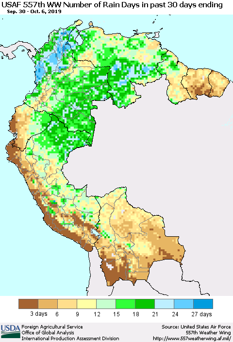 Northern South America Number of Rain Days in past 30 days (USAF 557th WW) 10/06/2019 Thematic Map For 9/30/2019 - 10/6/2019