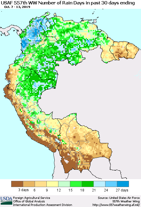 Northern South America Number of Rain Days in past 30 days (USAF 557th WW) 10/13/2019 Thematic Map For 10/7/2019 - 10/13/2019