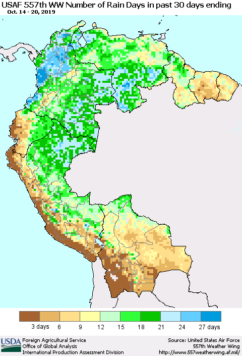Northern South America Number of Rain Days in past 30 days (USAF 557th WW) 10/20/2019 Thematic Map For 10/14/2019 - 10/20/2019