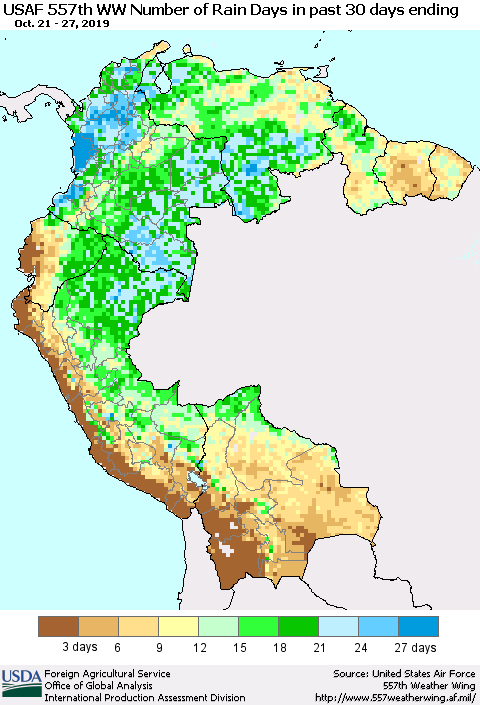 Northern South America Number of Rain Days in past 30 days (USAF 557th WW) 10/27/2019 Thematic Map For 10/21/2019 - 10/27/2019