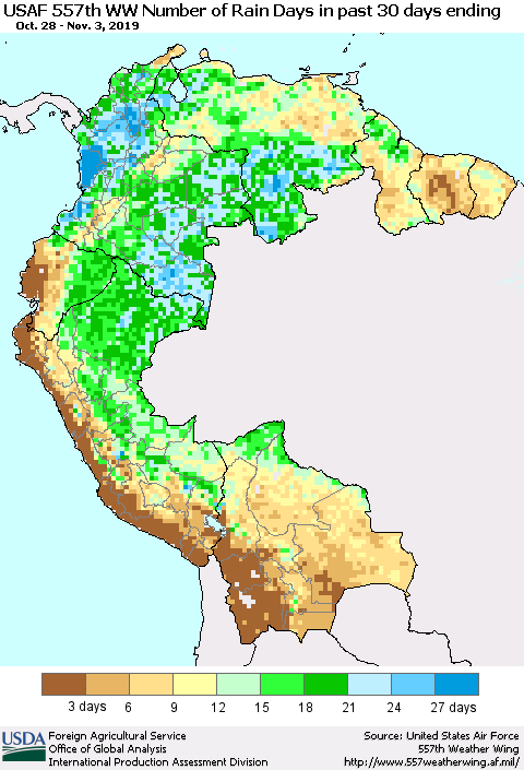 Northern South America Number of Rain Days in past 30 days (USAF 557th WW) 11/03/2019 Thematic Map For 10/28/2019 - 11/3/2019