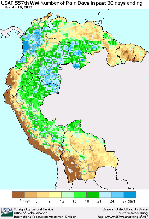 Northern South America Number of Rain Days in past 30 days (USAF 557th WW) 11/10/2019 Thematic Map For 11/4/2019 - 11/10/2019