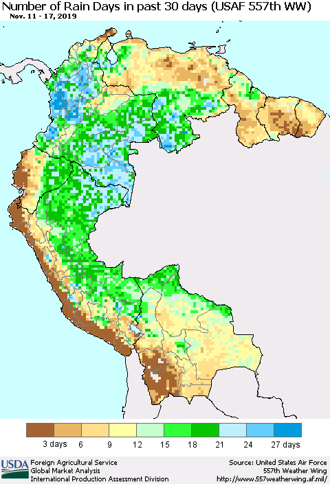 Northern South America Number of Rain Days in past 30 days (USAF 557th WW) 11/17/2019 Thematic Map For 11/11/2019 - 11/17/2019