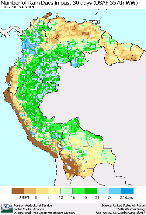 Northern South America Number of Rain Days in past 30 days (USAF 557th WW) 11/24/2019 Thematic Map For 11/18/2019 - 11/24/2019
