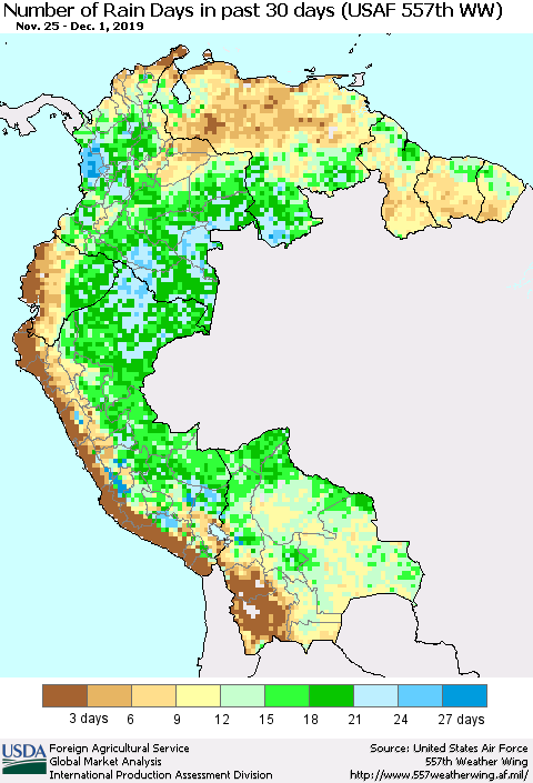 Northern South America Number of Rain Days in past 30 days (USAF 557th WW) 12/01/2019 Thematic Map For 11/25/2019 - 12/1/2019
