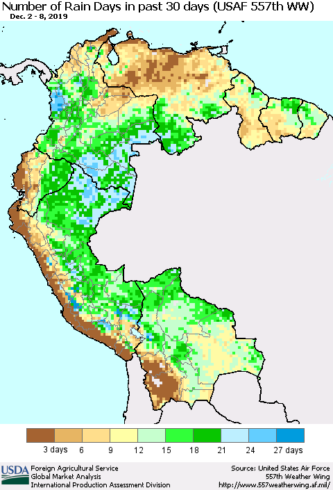Northern South America Number of Rain Days in past 30 days (USAF 557th WW) 12/08/2019 Thematic Map For 12/2/2019 - 12/8/2019