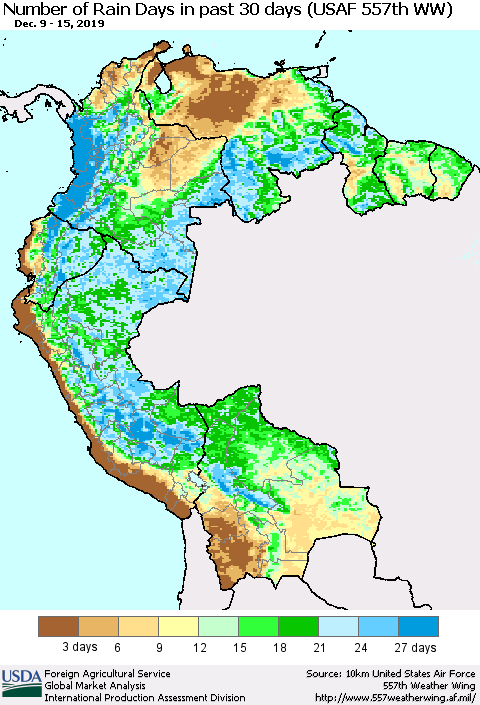 Northern South America Number of Rain Days in past 30 days (USAF 557th WW) 12/15/2019 Thematic Map For 12/9/2019 - 12/15/2019