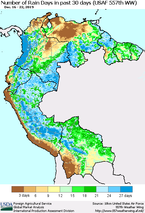 Northern South America Number of Rain Days in past 30 days (USAF 557th WW) 12/22/2019 Thematic Map For 12/16/2019 - 12/22/2019