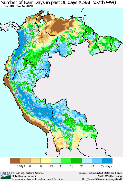 Northern South America Number of Rain Days in past 30 days (USAF 557th WW) 01/05/2020 Thematic Map For 12/30/2019 - 1/5/2020