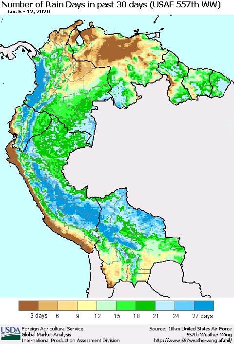 Northern South America Number of Rain Days in past 30 days (USAF 557th WW) 01/12/2020 Thematic Map For 1/6/2020 - 1/12/2020