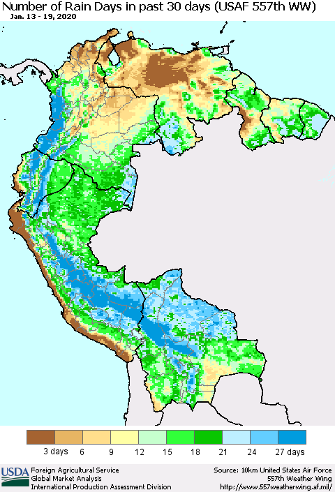 Northern South America Number of Rain Days in past 30 days (USAF 557th WW) 01/19/2020 Thematic Map For 1/13/2020 - 1/19/2020