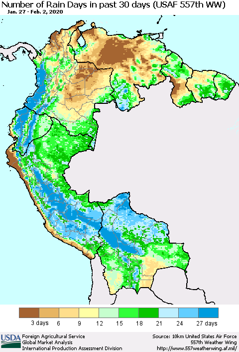 Northern South America Number of Rain Days in past 30 days (USAF 557th WW) 02/02/2020 Thematic Map For 1/27/2020 - 2/2/2020