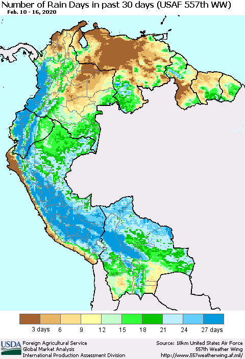 Northern South America Number of Rain Days in past 30 days (USAF 557th WW) 02/16/2020 Thematic Map For 2/10/2020 - 2/16/2020