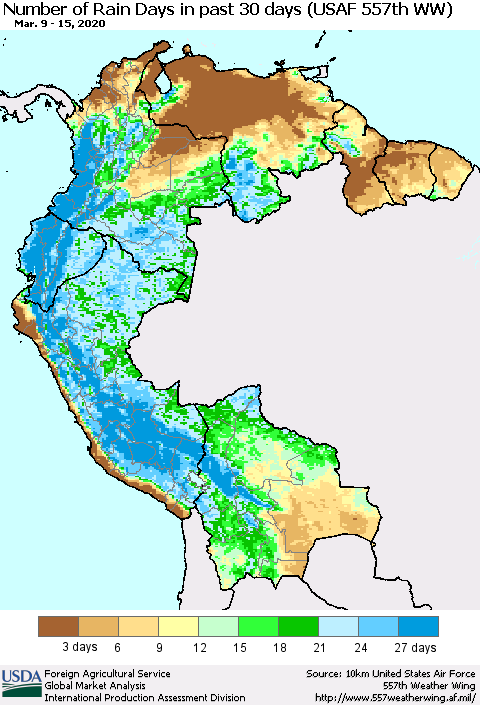 Northern South America Number of Rain Days in past 30 days (USAF 557th WW) 03/15/2020 Thematic Map For 3/9/2020 - 3/15/2020
