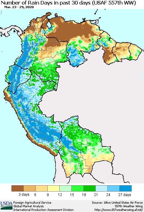 Northern South America Number of Rain Days in past 30 days (USAF 557th WW) 03/29/2020 Thematic Map For 3/23/2020 - 3/29/2020