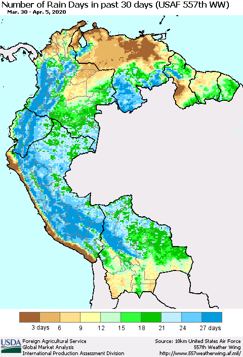 Northern South America Number of Rain Days in past 30 days (USAF 557th WW) 04/05/2020 Thematic Map For 3/30/2020 - 4/5/2020