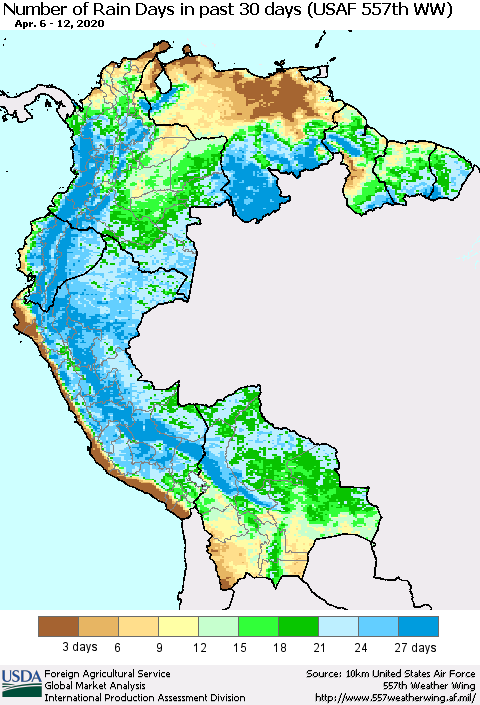 Northern South America Number of Rain Days in past 30 days (USAF 557th WW) 04/12/2020 Thematic Map For 4/6/2020 - 4/12/2020