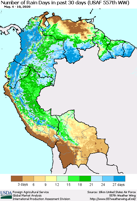 Northern South America Number of Rain Days in past 30 days (USAF 557th WW) 05/10/2020 Thematic Map For 5/4/2020 - 5/10/2020