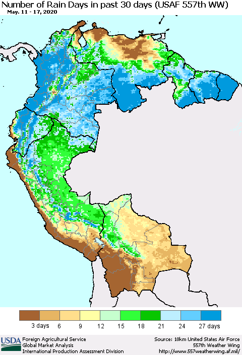 Northern South America Number of Rain Days in past 30 days (USAF 557th WW) 05/17/2020 Thematic Map For 5/11/2020 - 5/17/2020