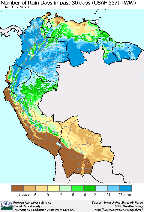 Northern South America Number of Rain Days in past 30 days (USAF 557th WW) 06/07/2020 Thematic Map For 6/1/2020 - 6/7/2020