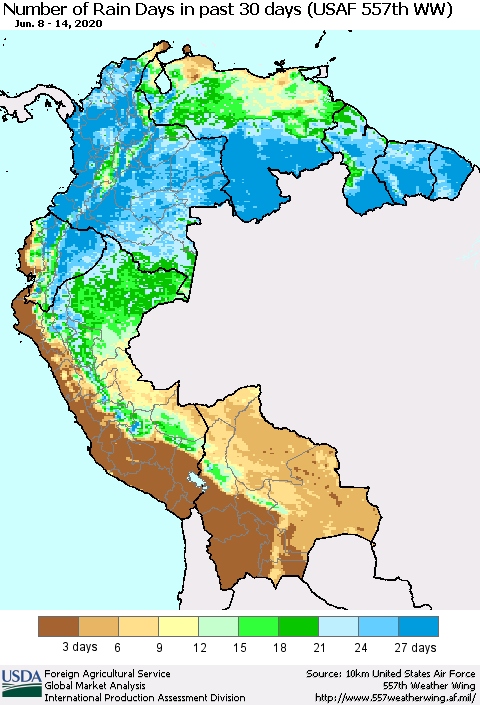 Northern South America Number of Rain Days in past 30 days (USAF 557th WW) 06/14/2020 Thematic Map For 6/8/2020 - 6/14/2020
