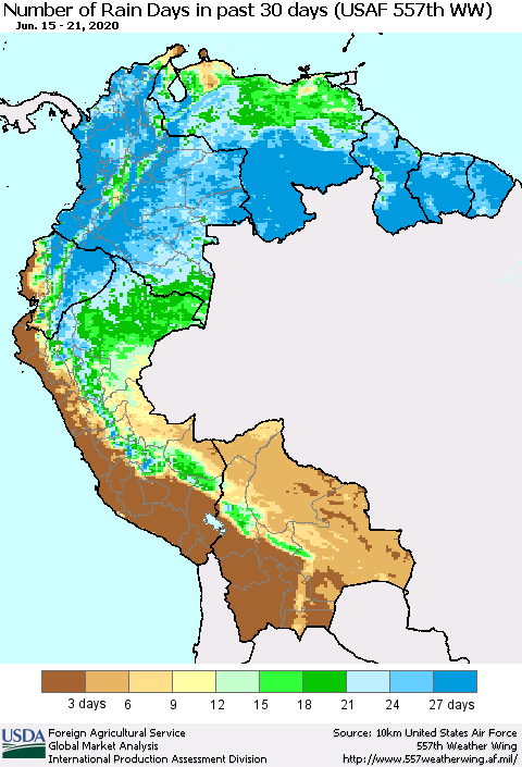 Northern South America Number of Rain Days in past 30 days (USAF 557th WW) 06/21/2020 Thematic Map For 6/15/2020 - 6/21/2020