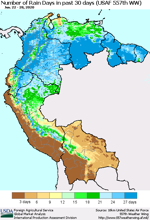 Northern South America Number of Rain Days in past 30 days (USAF 557th WW) 06/28/2020 Thematic Map For 6/22/2020 - 6/28/2020