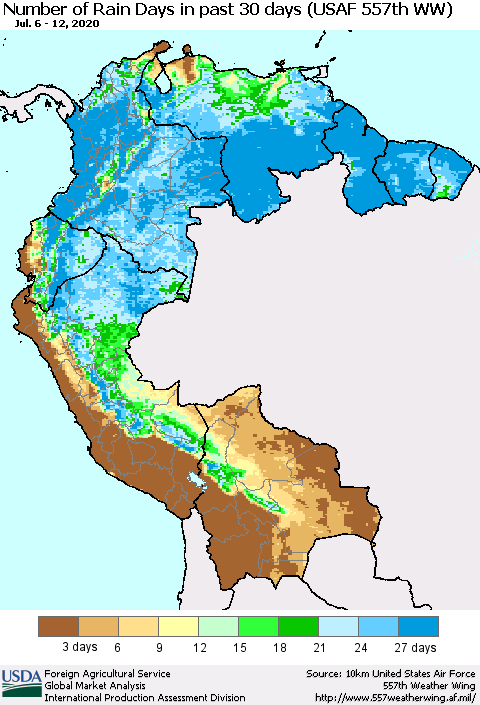 Northern South America Number of Rain Days in past 30 days (USAF 557th WW) 07/12/2020 Thematic Map For 7/6/2020 - 7/12/2020