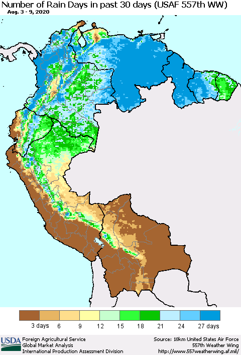 Northern South America Number of Rain Days in past 30 days (USAF 557th WW) 08/09/2020 Thematic Map For 8/3/2020 - 8/9/2020