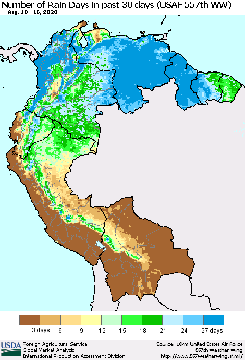 Northern South America Number of Rain Days in past 30 days (USAF 557th WW) 08/16/2020 Thematic Map For 8/10/2020 - 8/16/2020