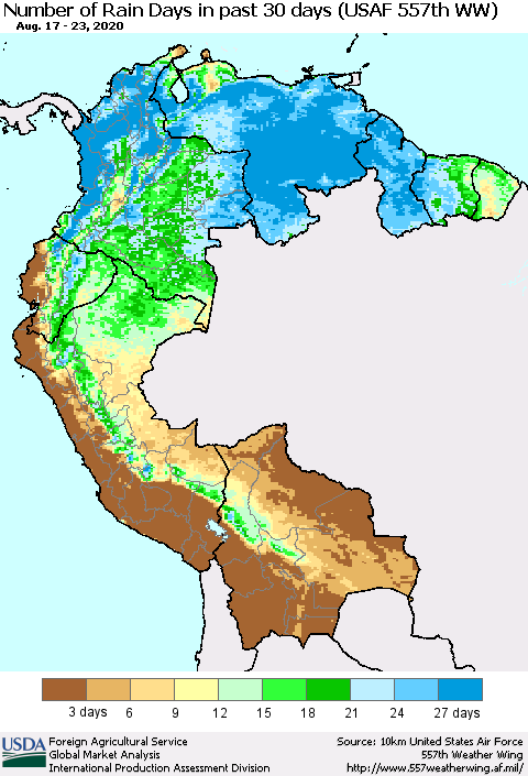Northern South America Number of Rain Days in past 30 days (USAF 557th WW) 08/23/2020 Thematic Map For 8/17/2020 - 8/23/2020