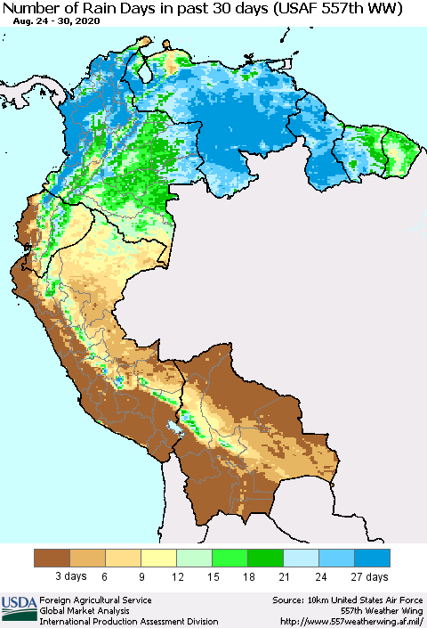 Northern South America Number of Rain Days in past 30 days (USAF 557th WW) 08/30/2020 Thematic Map For 8/24/2020 - 8/30/2020