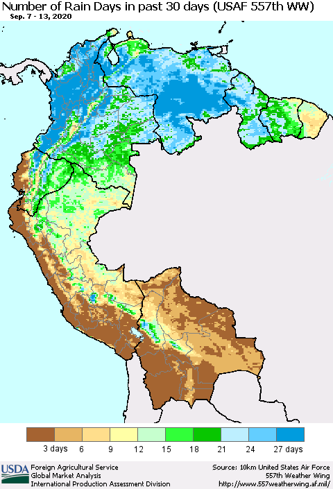 Northern South America Number of Rain Days in past 30 days (USAF 557th WW) 09/13/2020 Thematic Map For 9/7/2020 - 9/13/2020