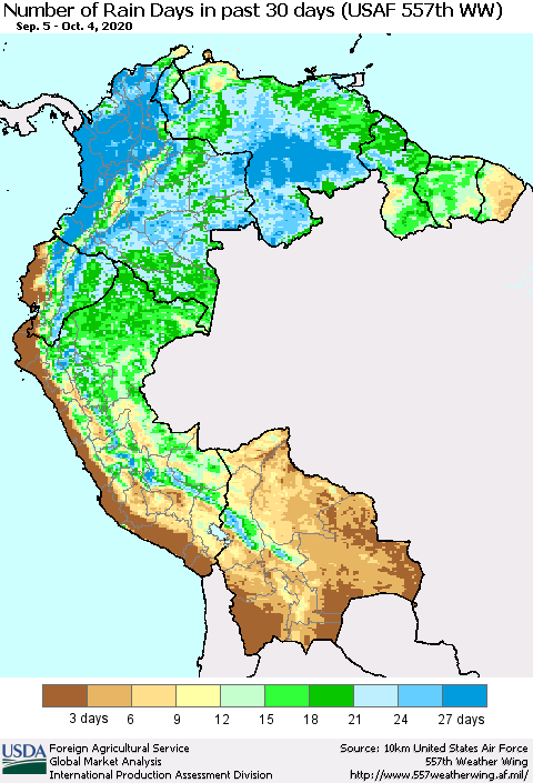 Northern South America Number of Rain Days in past 30 days (USAF 557th WW) 10/04/2020 Thematic Map For 9/28/2020 - 10/4/2020