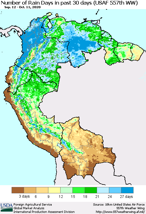 Northern South America Number of Rain Days in past 30 days (USAF 557th WW) 10/11/2020 Thematic Map For 10/5/2020 - 10/11/2020