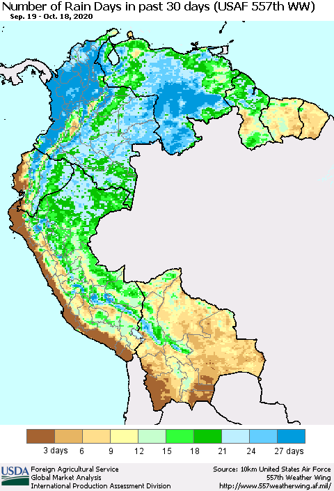 Northern South America Number of Rain Days in past 30 days (USAF 557th WW) 10/18/2020 Thematic Map For 10/12/2020 - 10/18/2020